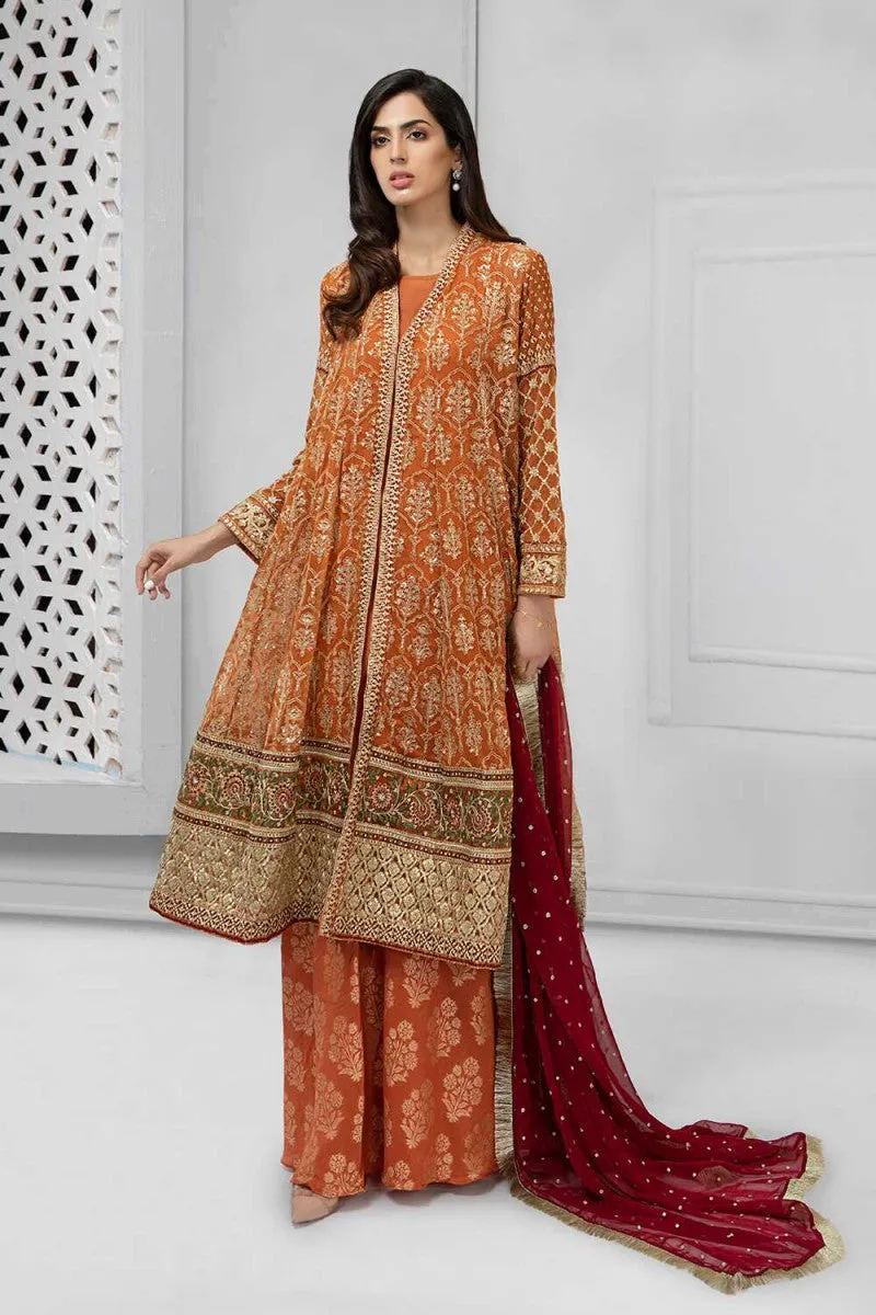 Latest Pakistani fancy outfit for party in shining rust color # P2233