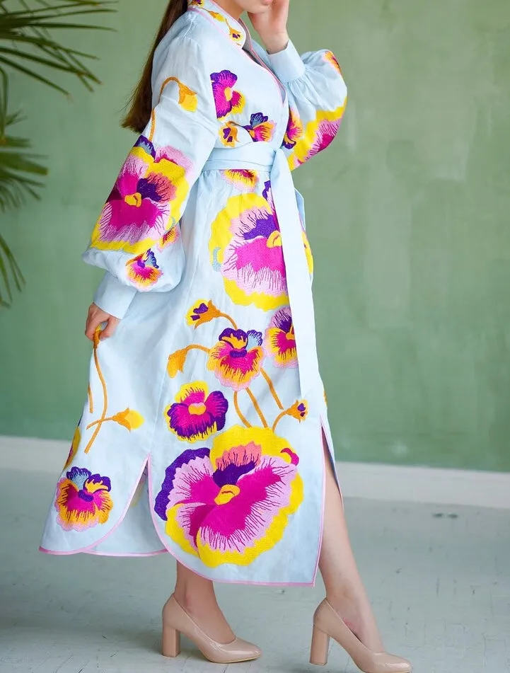 Light-blue embroidered pansies dress