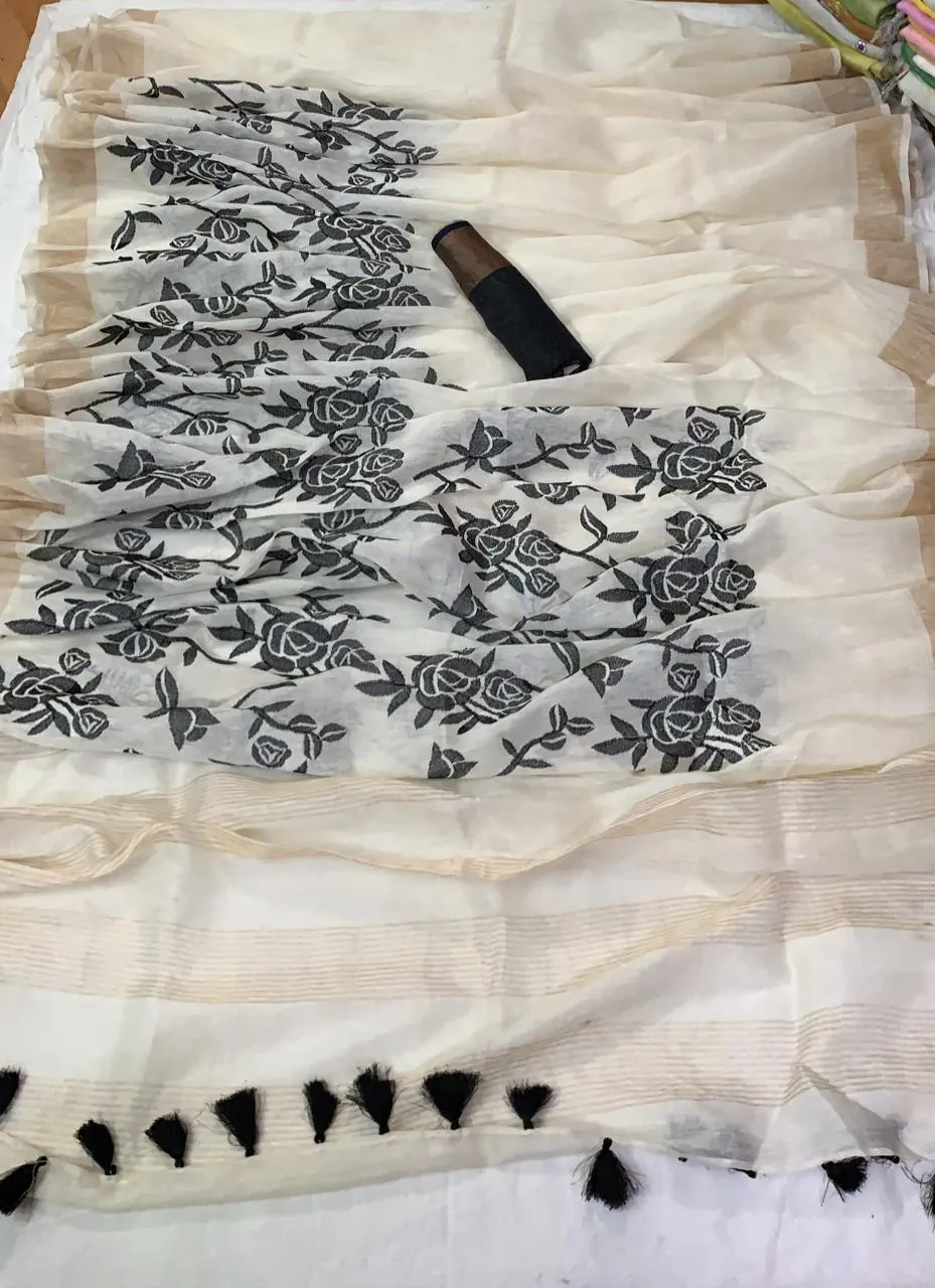Linen Embroidery Saree In Pure White