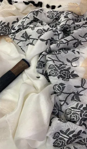 Linen Embroidery Saree In Pure White