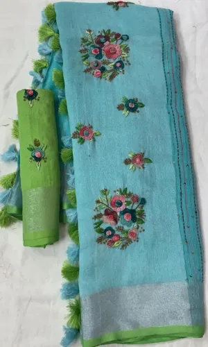 Linen Embroidred Saree In Skyblue And Green