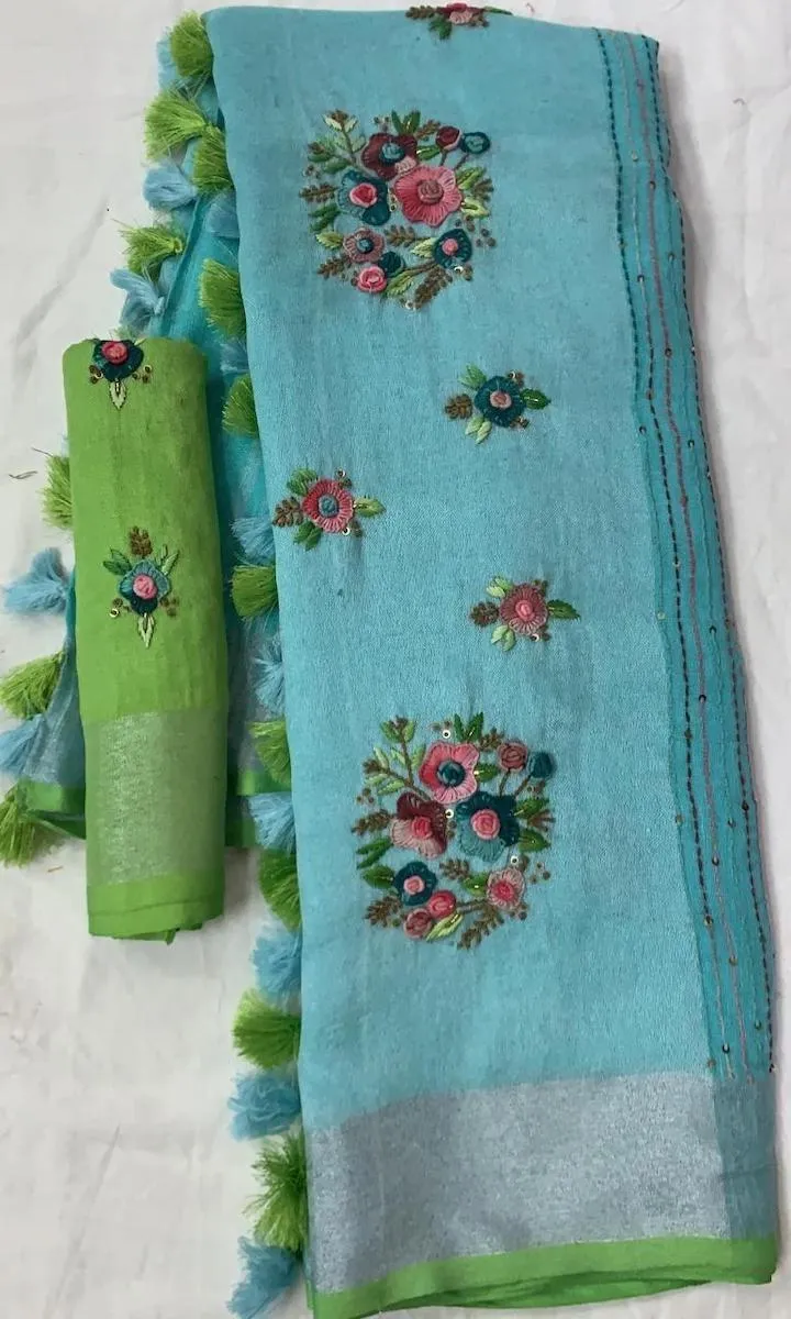Linen Embroidred Saree In Skyblue And Green