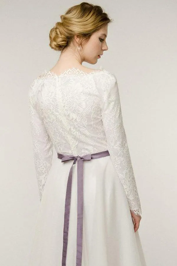 Long Sleeve Natural Tulle Lace Wedding Dress-715276