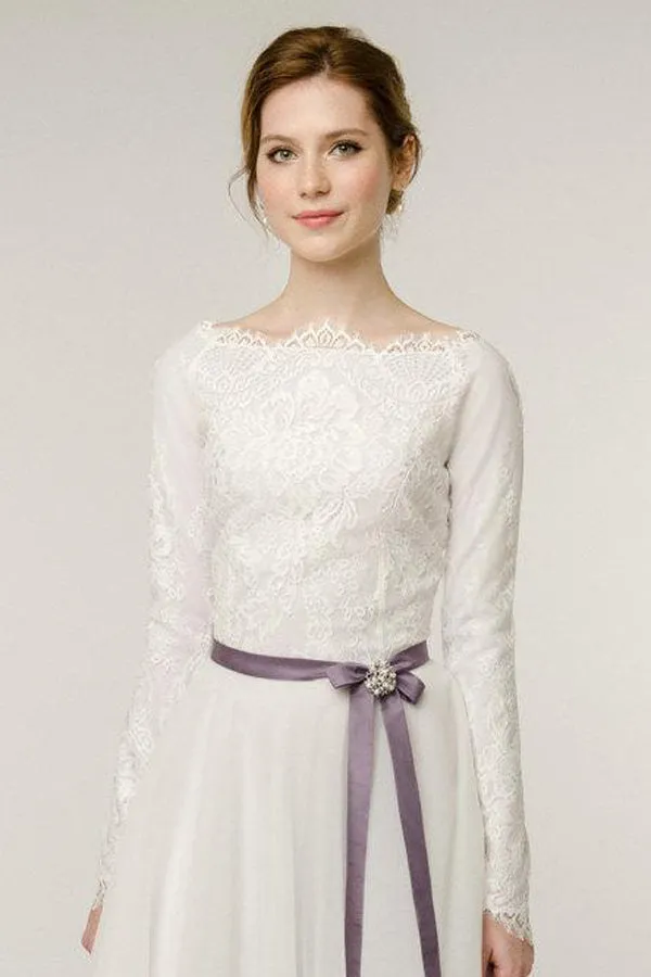 Long Sleeve Natural Tulle Lace Wedding Dress-715276