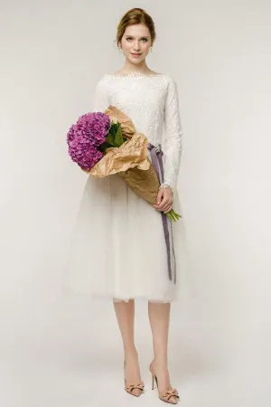 Long Sleeve Natural Tulle Lace Wedding Dress-715276
