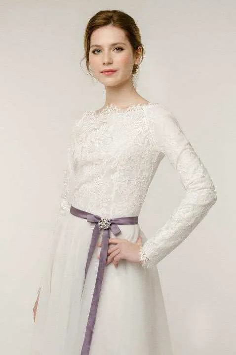 Long Sleeve Natural Tulle Lace Wedding Dress-715276