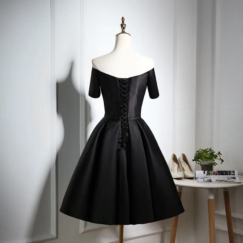 Lovely Black Satin Short Prom Dresses, Black Party Dresses