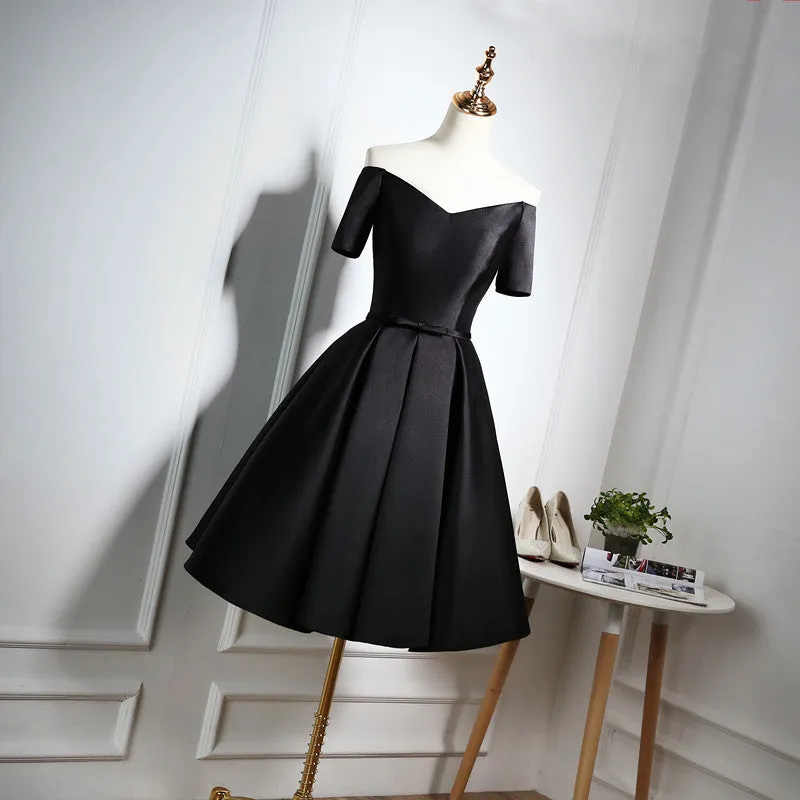 Lovely Black Satin Short Prom Dresses, Black Party Dresses