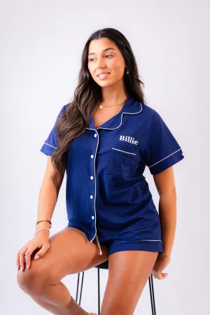 Lulabay ladies personalised jersey short sleeve shirt and short pyjama set Navy
