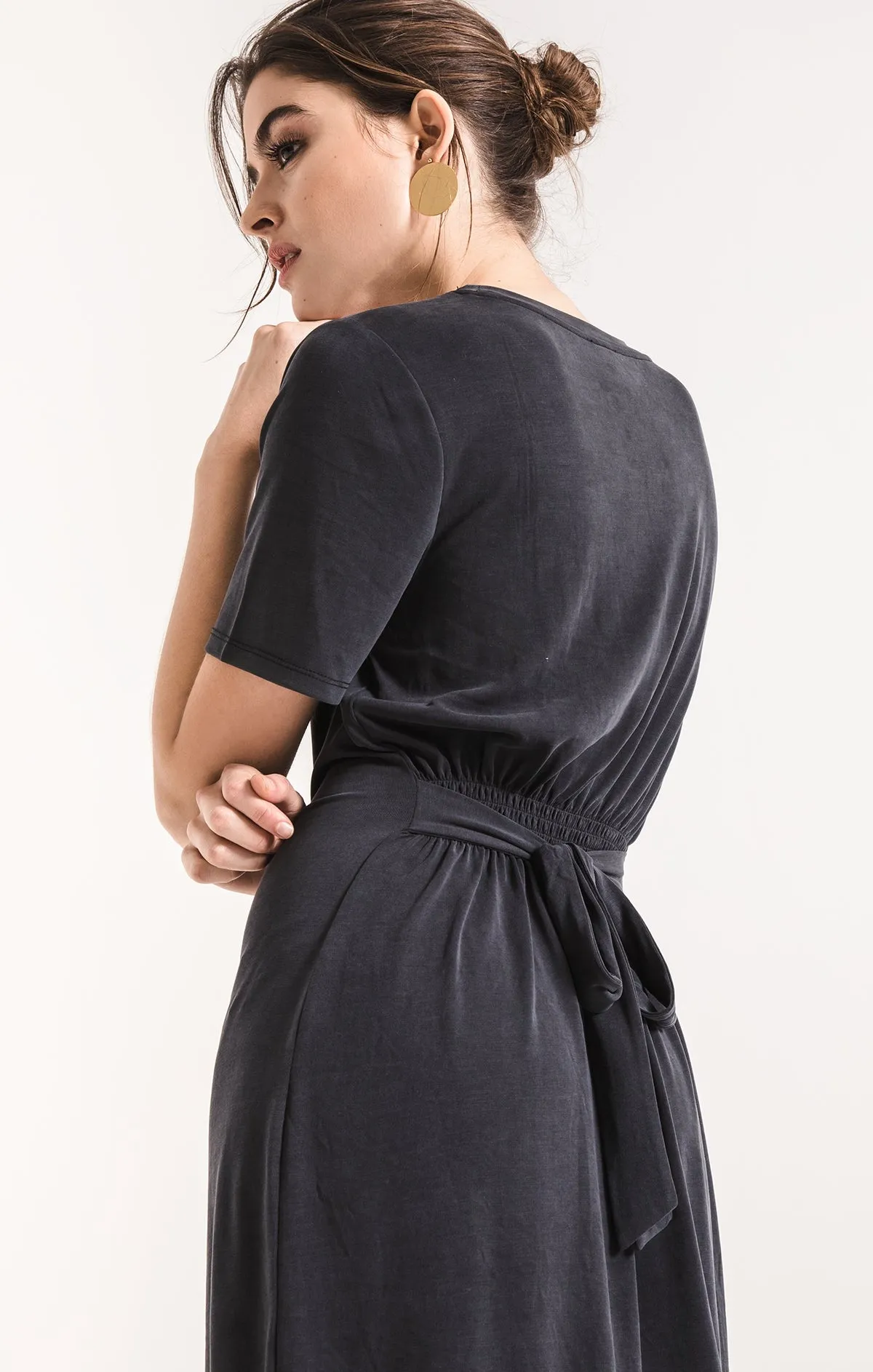 Luxe modal tie waist dress in black charcoal