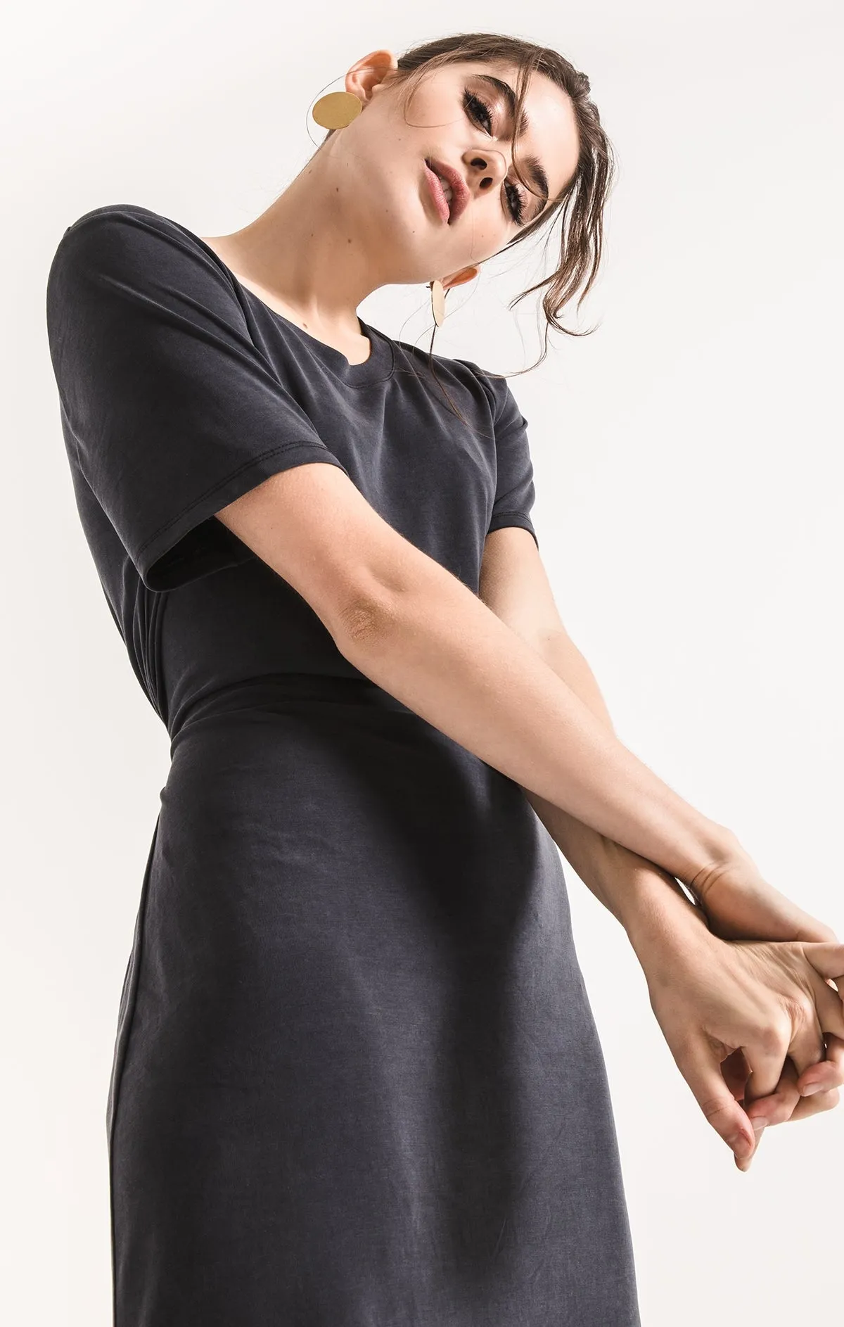 Luxe modal tie waist dress in black charcoal