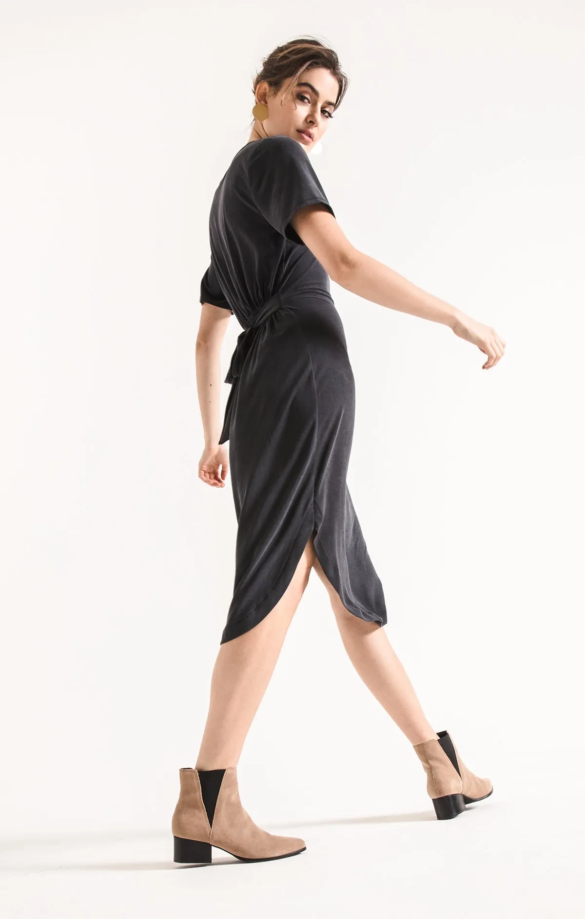 Luxe modal tie waist dress in black charcoal