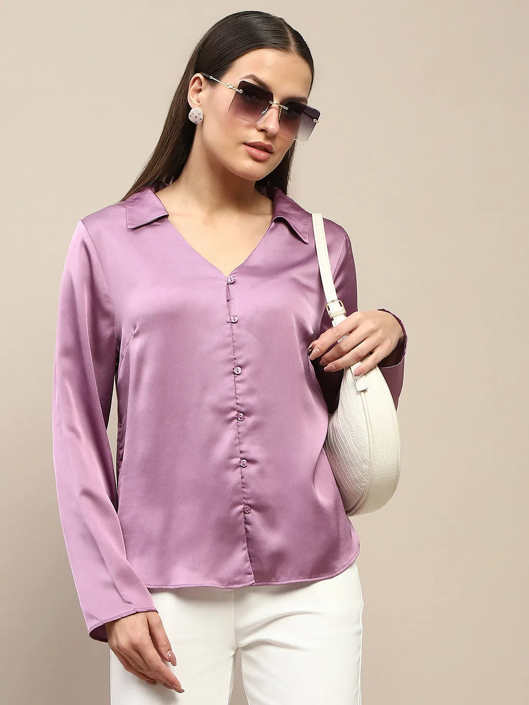 Madame Satin Bell Sleeve Collared Solid Lilac Top