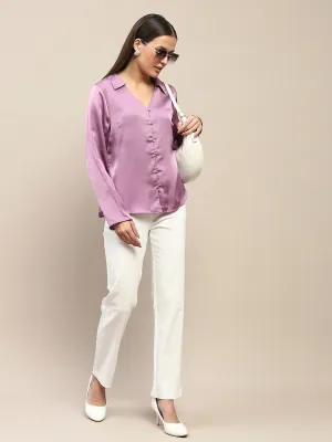 Madame Satin Bell Sleeve Collared Solid Lilac Top