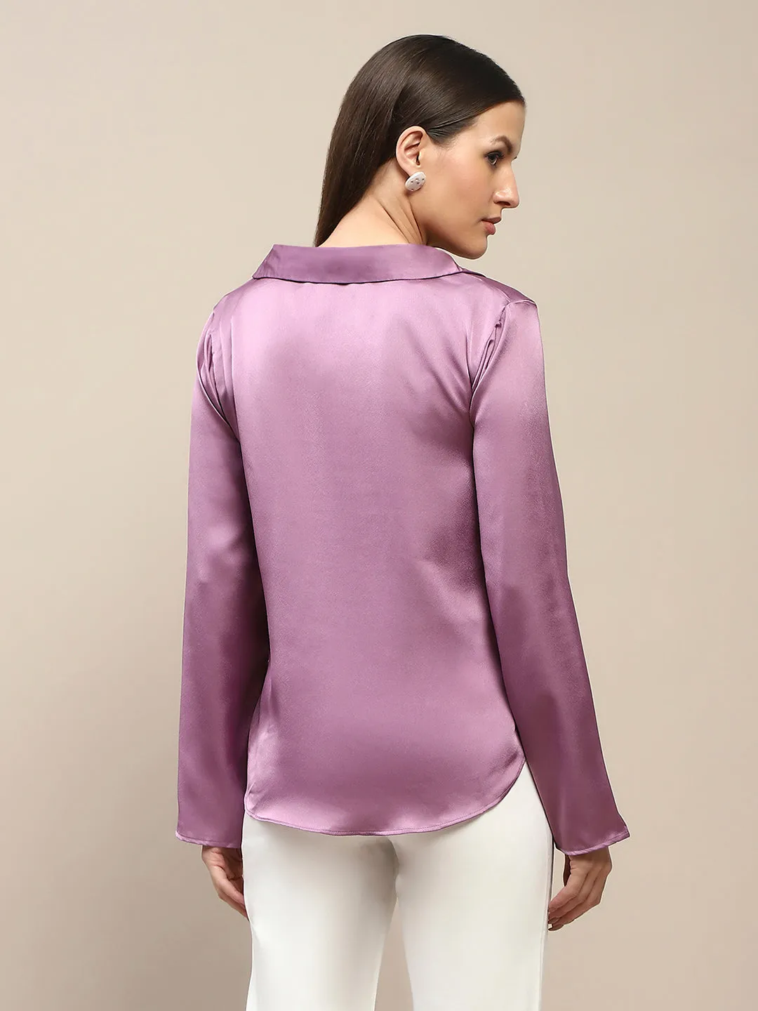Madame Satin Bell Sleeve Collared Solid Lilac Top
