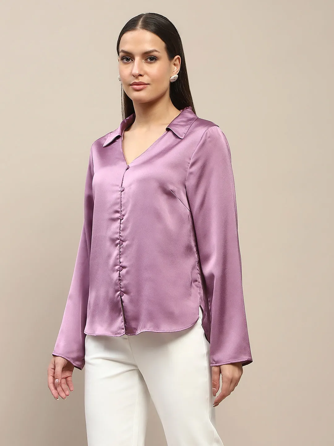 Madame Satin Bell Sleeve Collared Solid Lilac Top