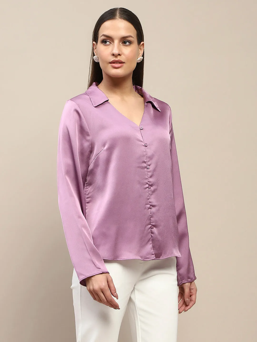 Madame Satin Bell Sleeve Collared Solid Lilac Top