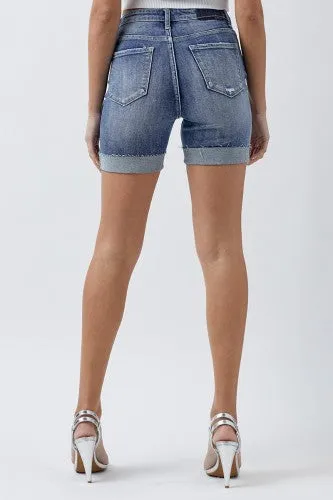 Medium Wash High Rise Cuffed Distressed Shorts