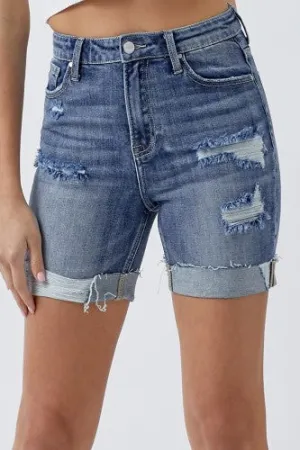 Medium Wash High Rise Cuffed Distressed Shorts