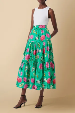 Mueni Floral-Print Tiered Midi Skirt in Cotton Poplin