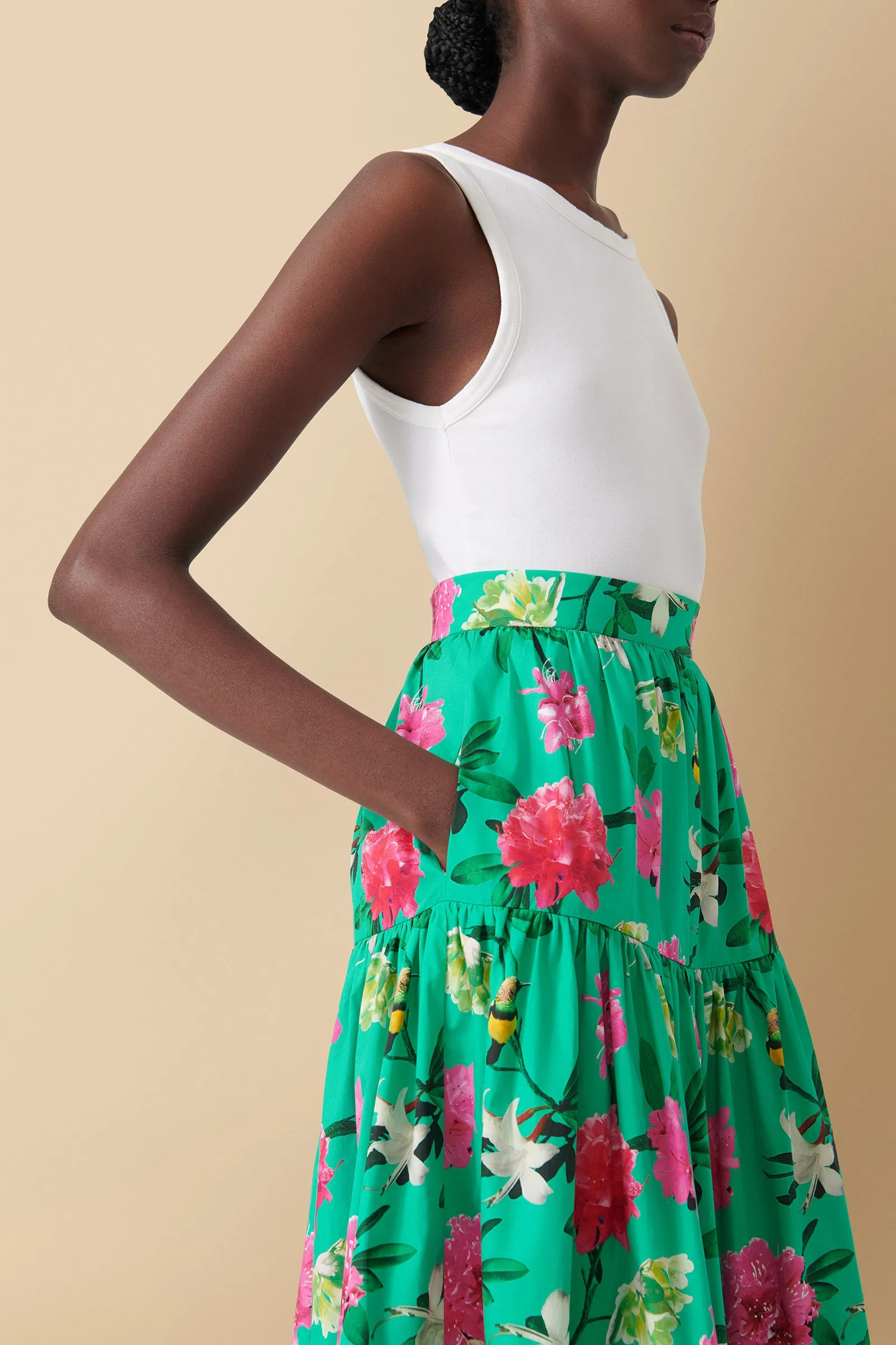 Mueni Floral-Print Tiered Midi Skirt in Cotton Poplin