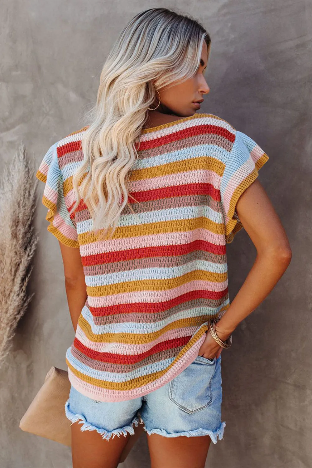 Multi-color Striped Ruffle Short Sleeve Knit Top