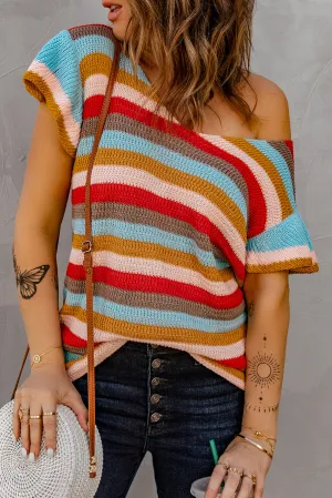 Multi-color Striped Ruffle Short Sleeve Knit Top