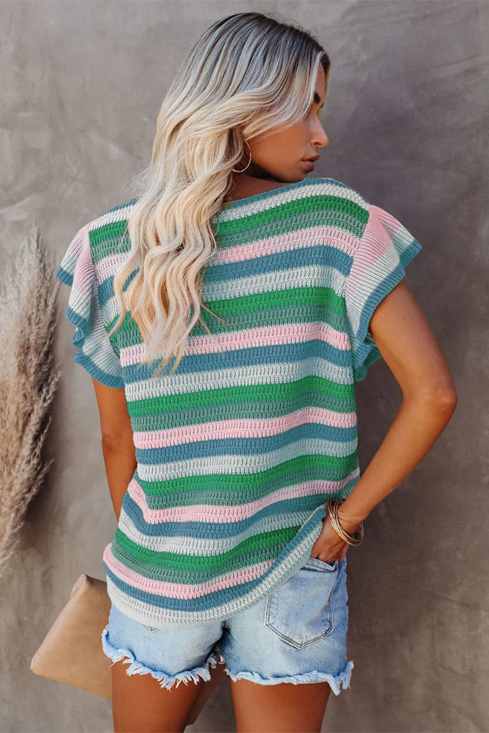 Multi-color Striped Ruffle Short Sleeve Knit Top