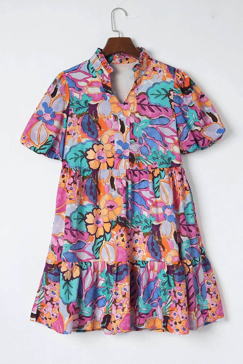 Multicolor Floral Print Flutter Sleeves Smocked Neck Blouse