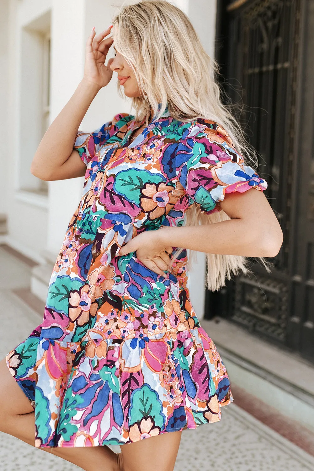 Multicolor Floral Print Flutter Sleeves Smocked Neck Blouse