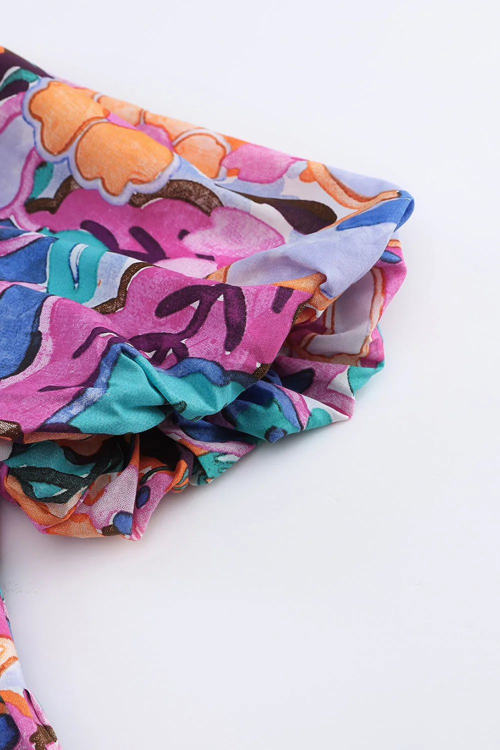 Multicolor Floral Print Flutter Sleeves Smocked Neck Blouse