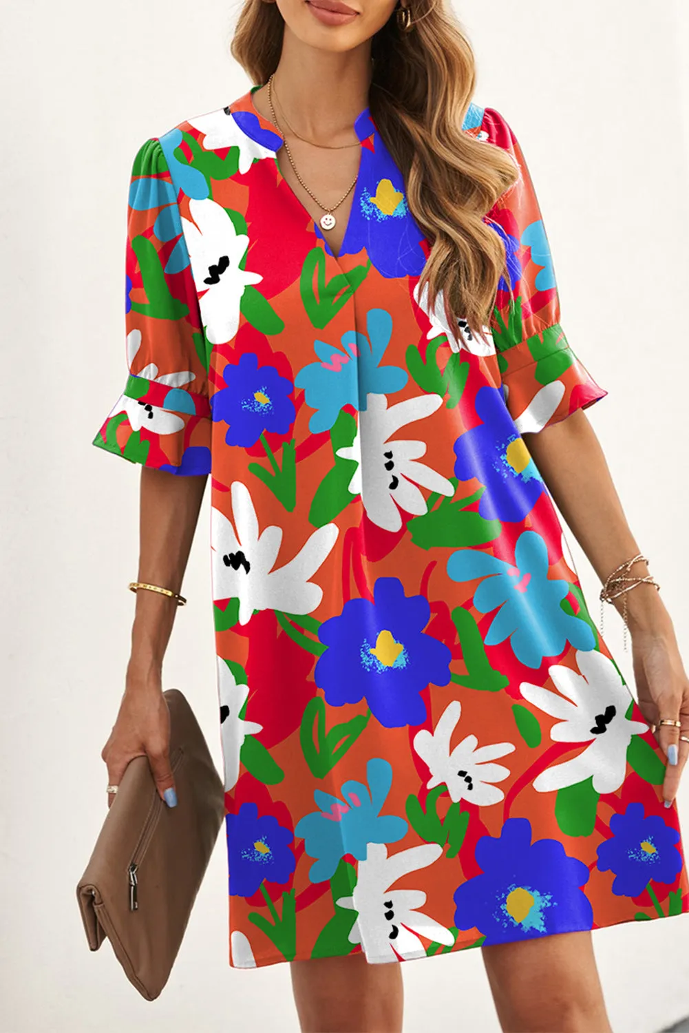 Multicolor Floral Print V Neck 3/4 Sleeve Blouse