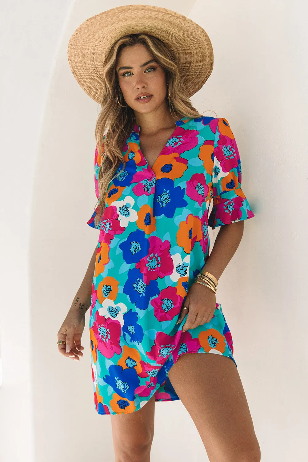 Multicolor Floral Print V Neck 3/4 Sleeve Blouse