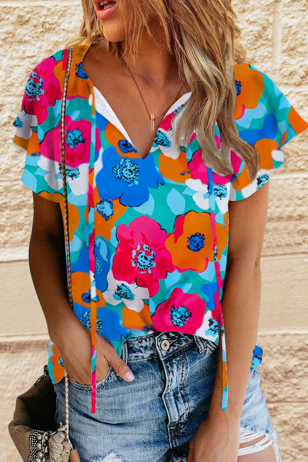 Multicolor Floral Print V Neck 3/4 Sleeve Blouse