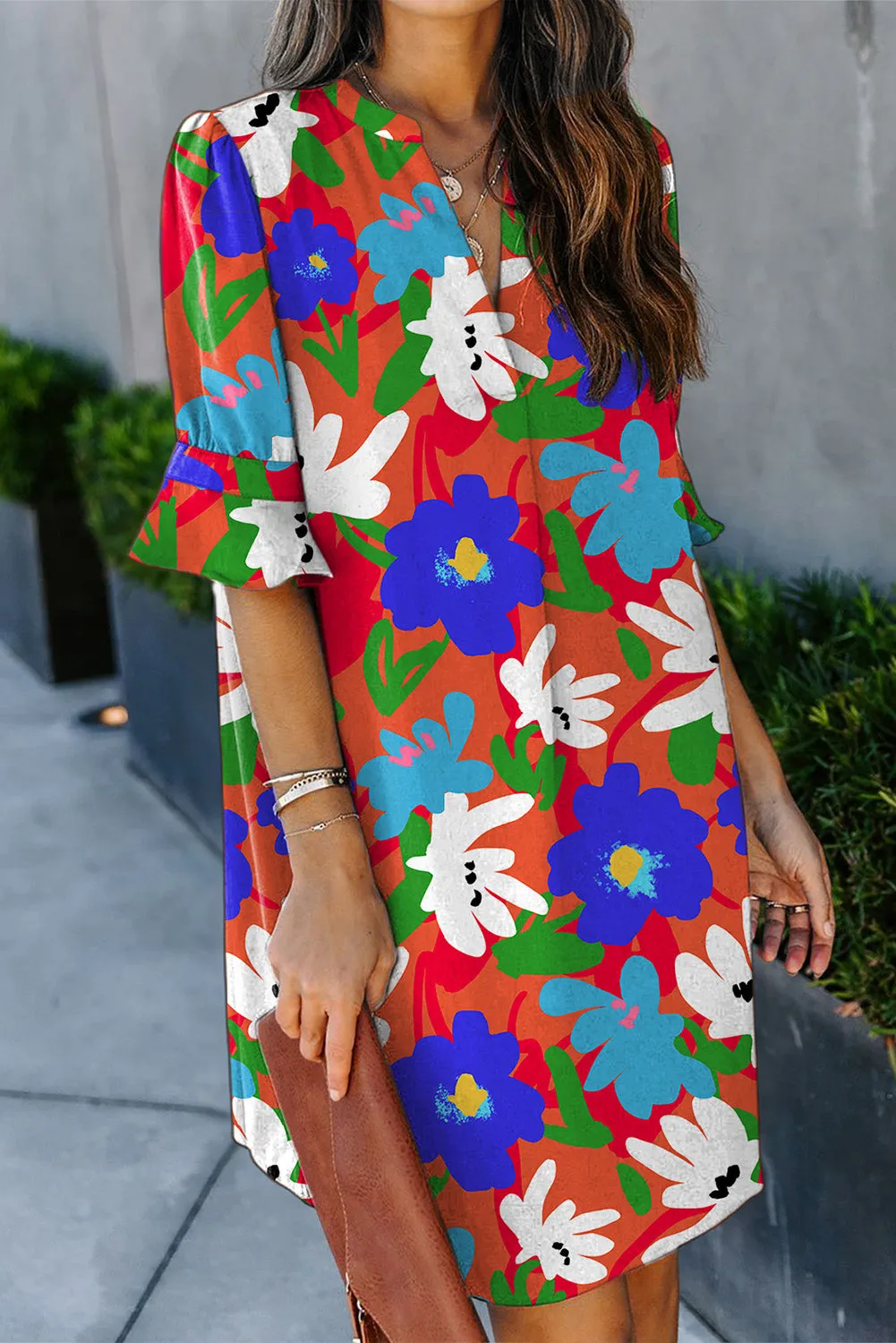 Multicolor Floral Print V Neck 3/4 Sleeve Blouse