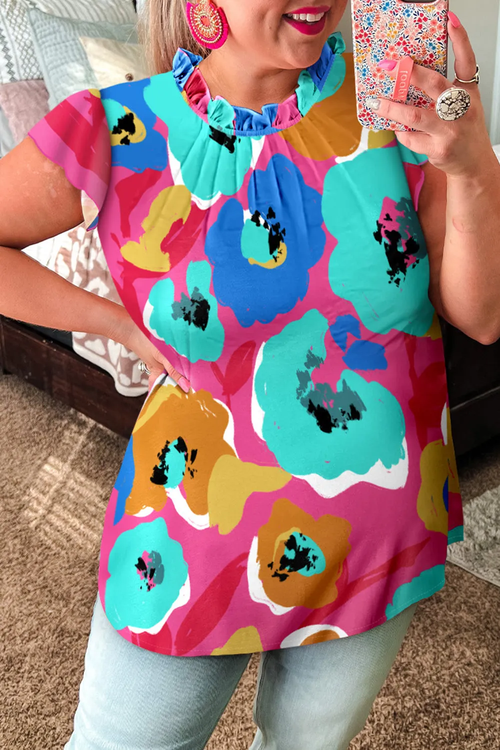 Multicolor Floral Print V Neck 3/4 Sleeve Blouse