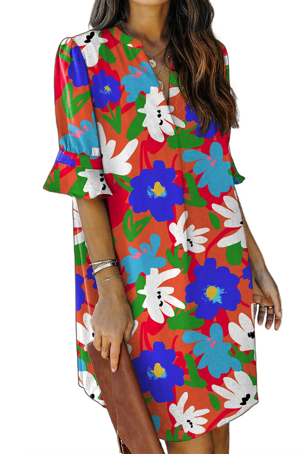 Multicolor Floral Print V Neck 3/4 Sleeve Blouse