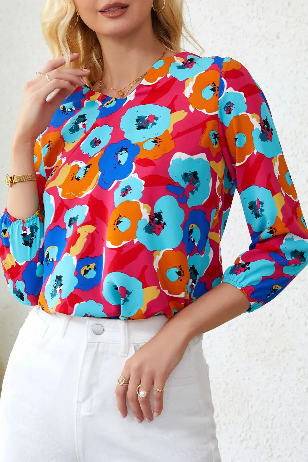 Multicolor Floral Print V Neck 3/4 Sleeve Blouse
