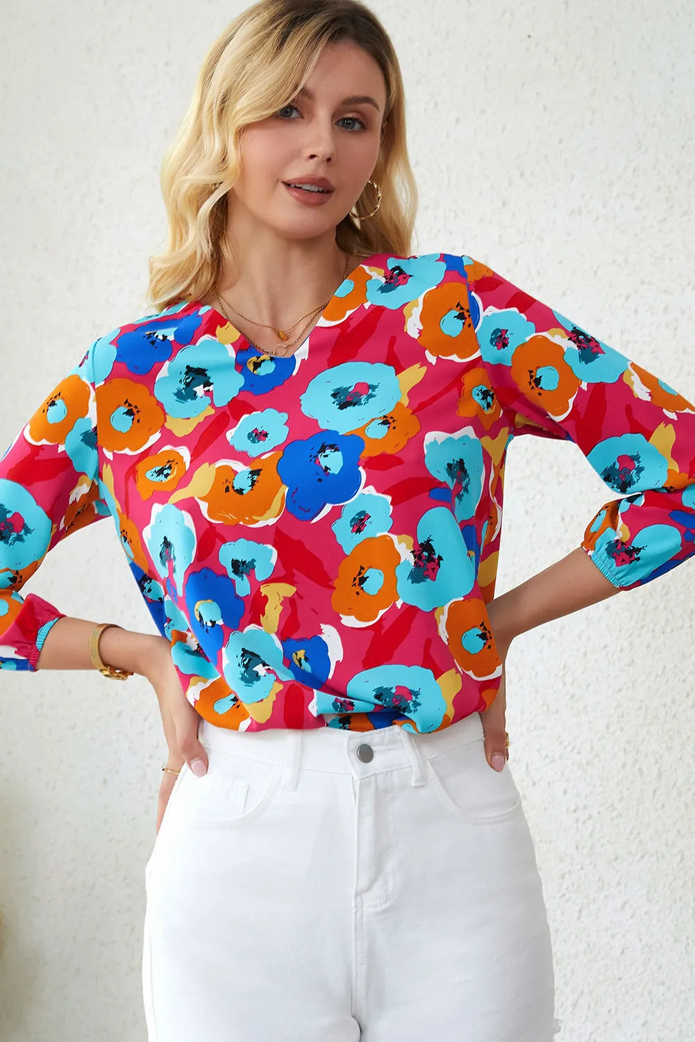 Multicolor Floral Print V Neck 3/4 Sleeve Blouse