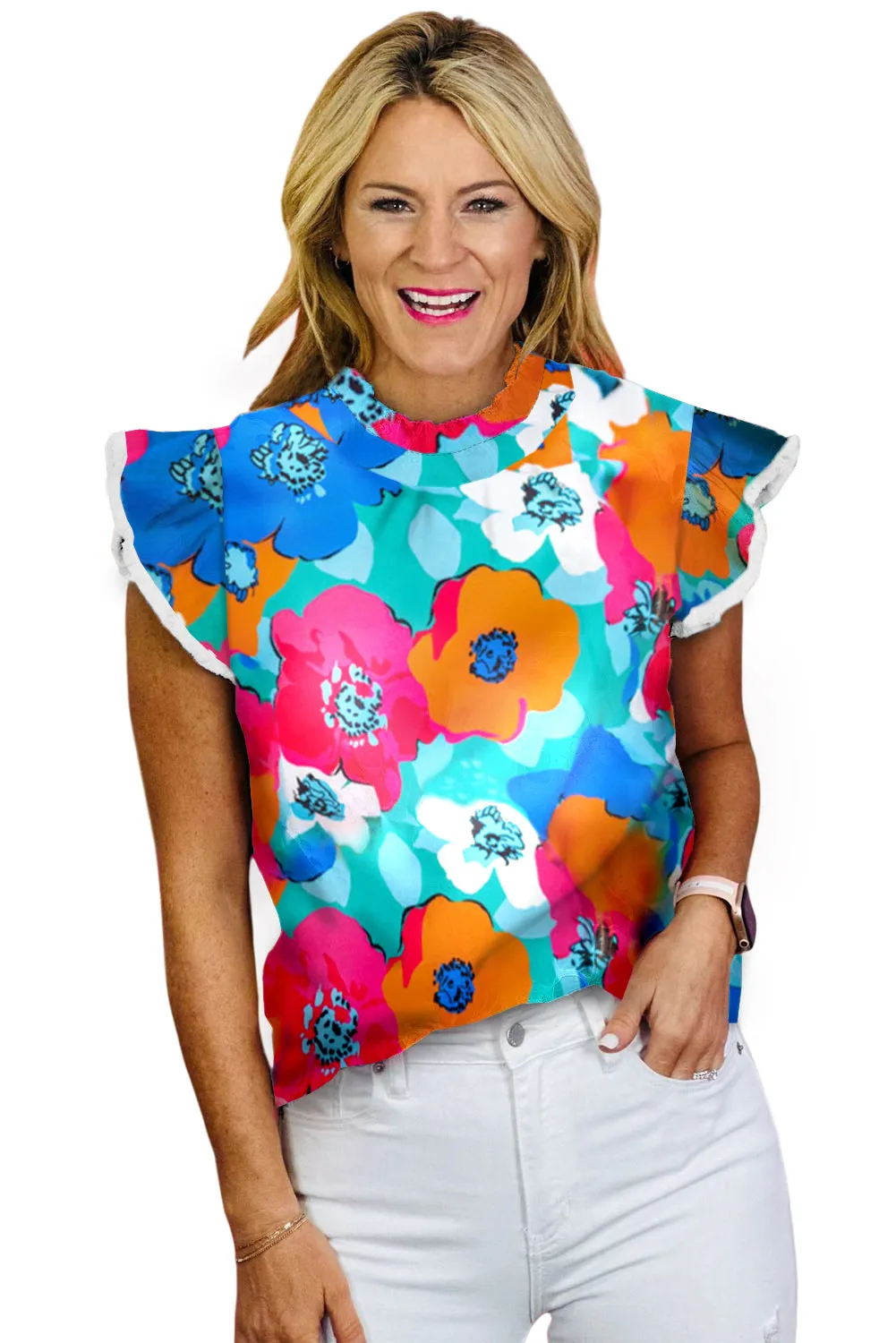 Multicolor Floral Print V Neck 3/4 Sleeve Blouse