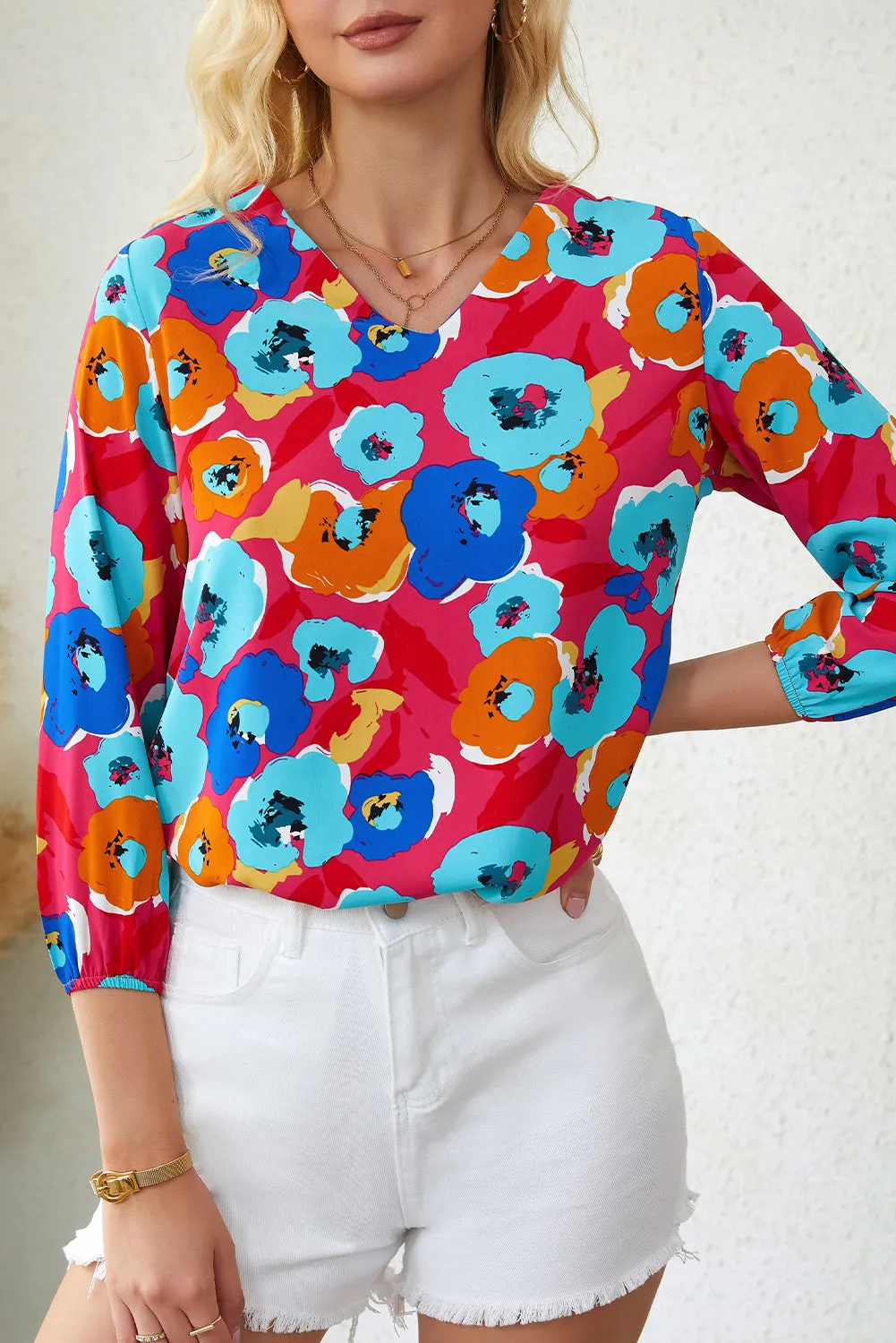 Multicolor Floral Print V Neck 3/4 Sleeve Blouse