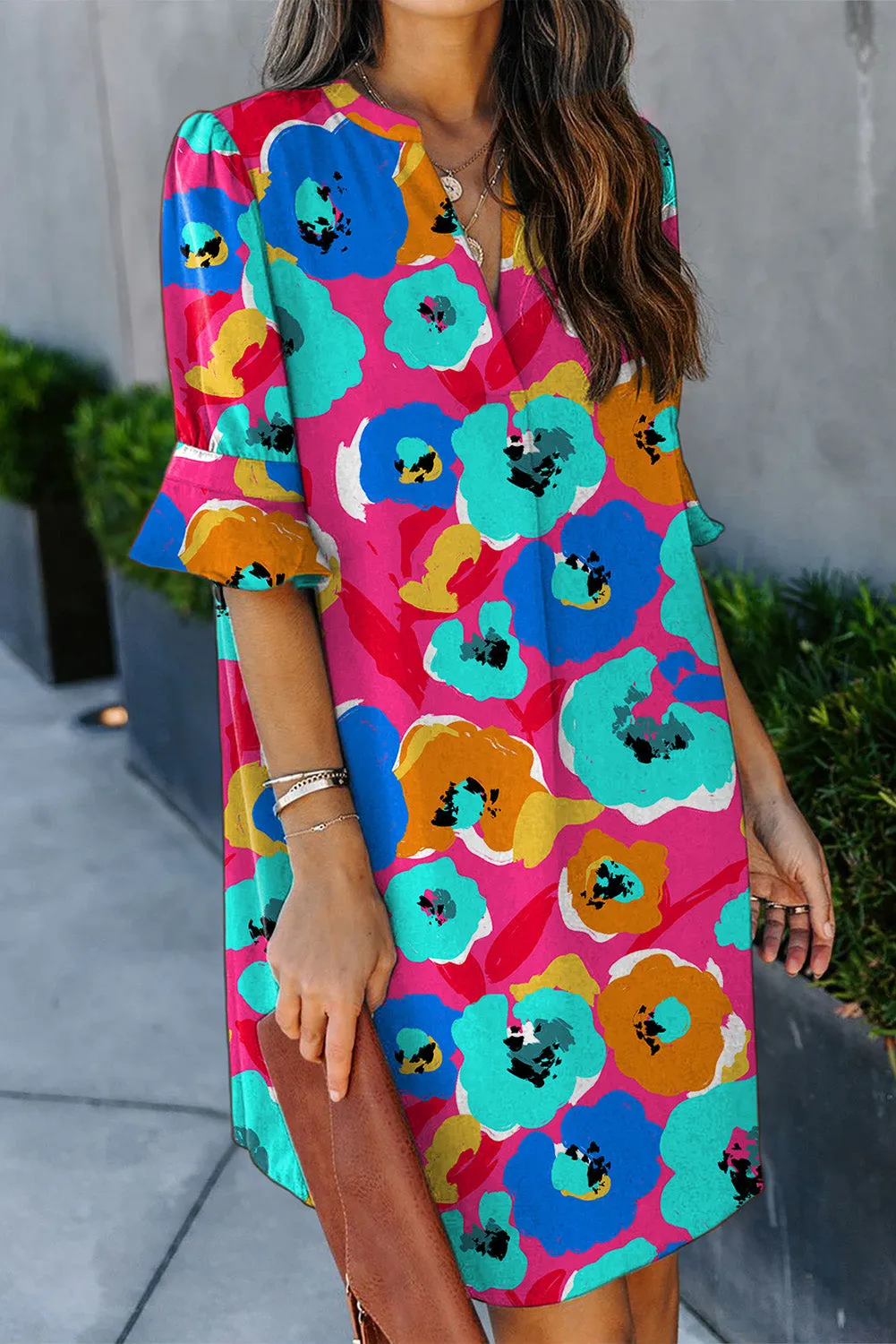 Multicolor Floral Print V Neck 3/4 Sleeve Blouse