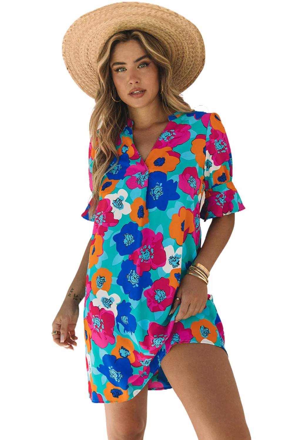 Multicolor Floral Print V Neck 3/4 Sleeve Blouse