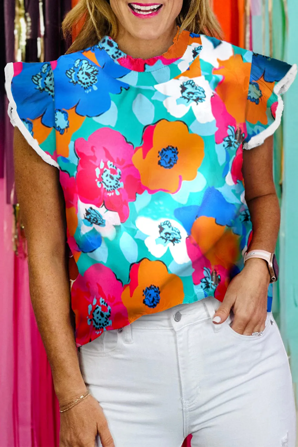 Multicolor Floral Print V Neck 3/4 Sleeve Blouse