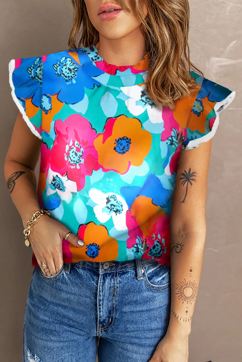 Multicolor Floral Print V Neck 3/4 Sleeve Blouse