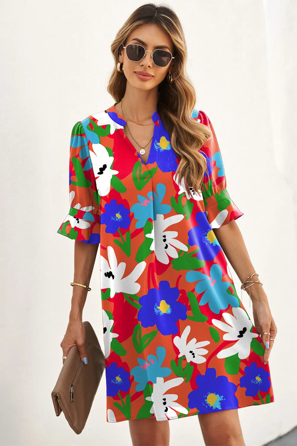 Multicolor Floral Print V Neck 3/4 Sleeve Blouse