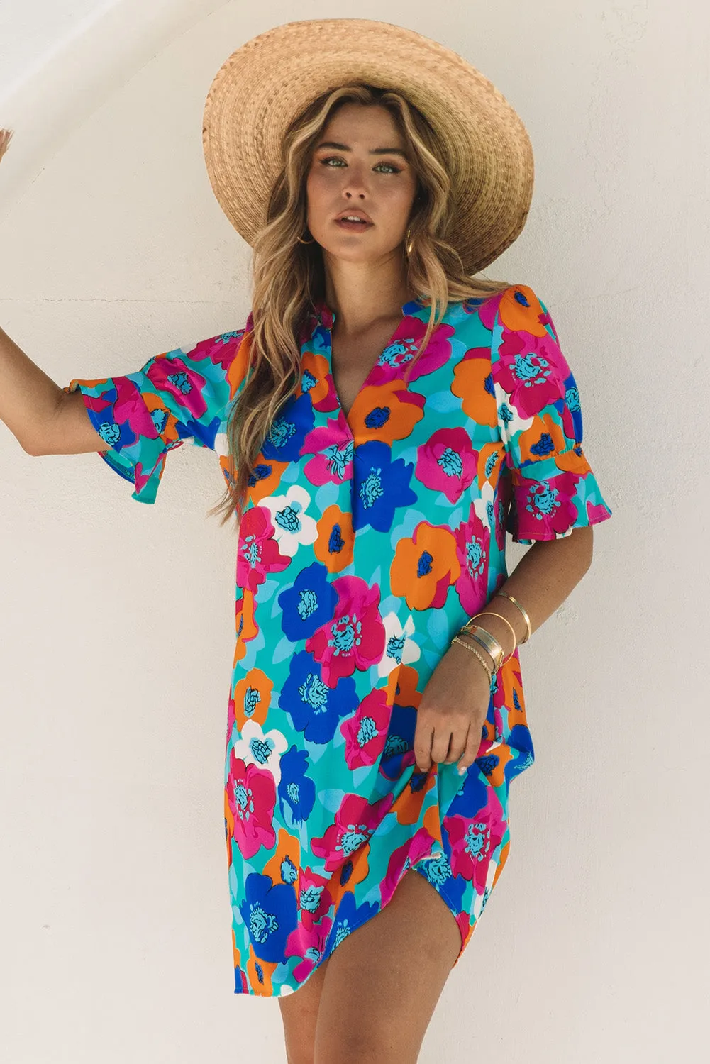 Multicolor Floral Print V Neck 3/4 Sleeve Blouse