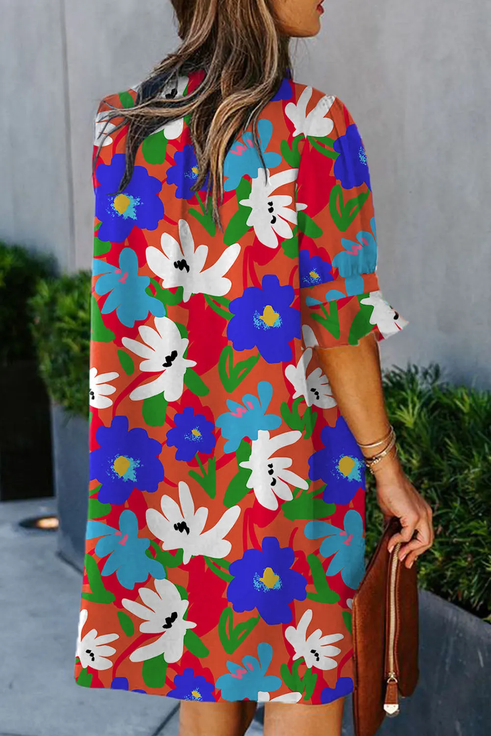 Multicolor Floral Print V Neck 3/4 Sleeve Blouse