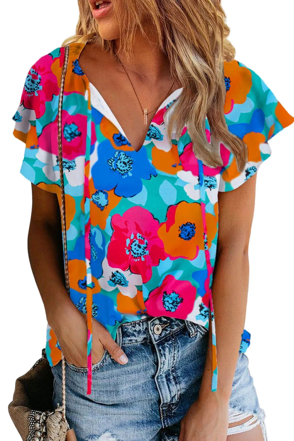 Multicolor Floral Print V Neck 3/4 Sleeve Blouse