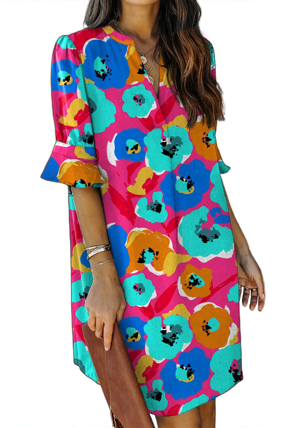 Multicolor Floral Print V Neck 3/4 Sleeve Blouse